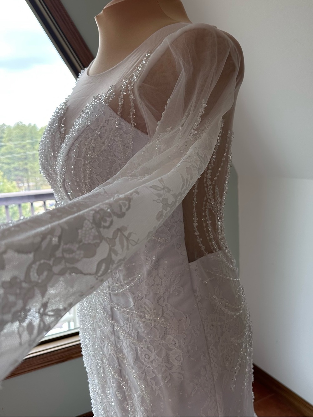 NWOT White Beaded Lace Wedding Dress Long Sleeve Mermaid Gown Sheer Back Train - Picture 5 of 14